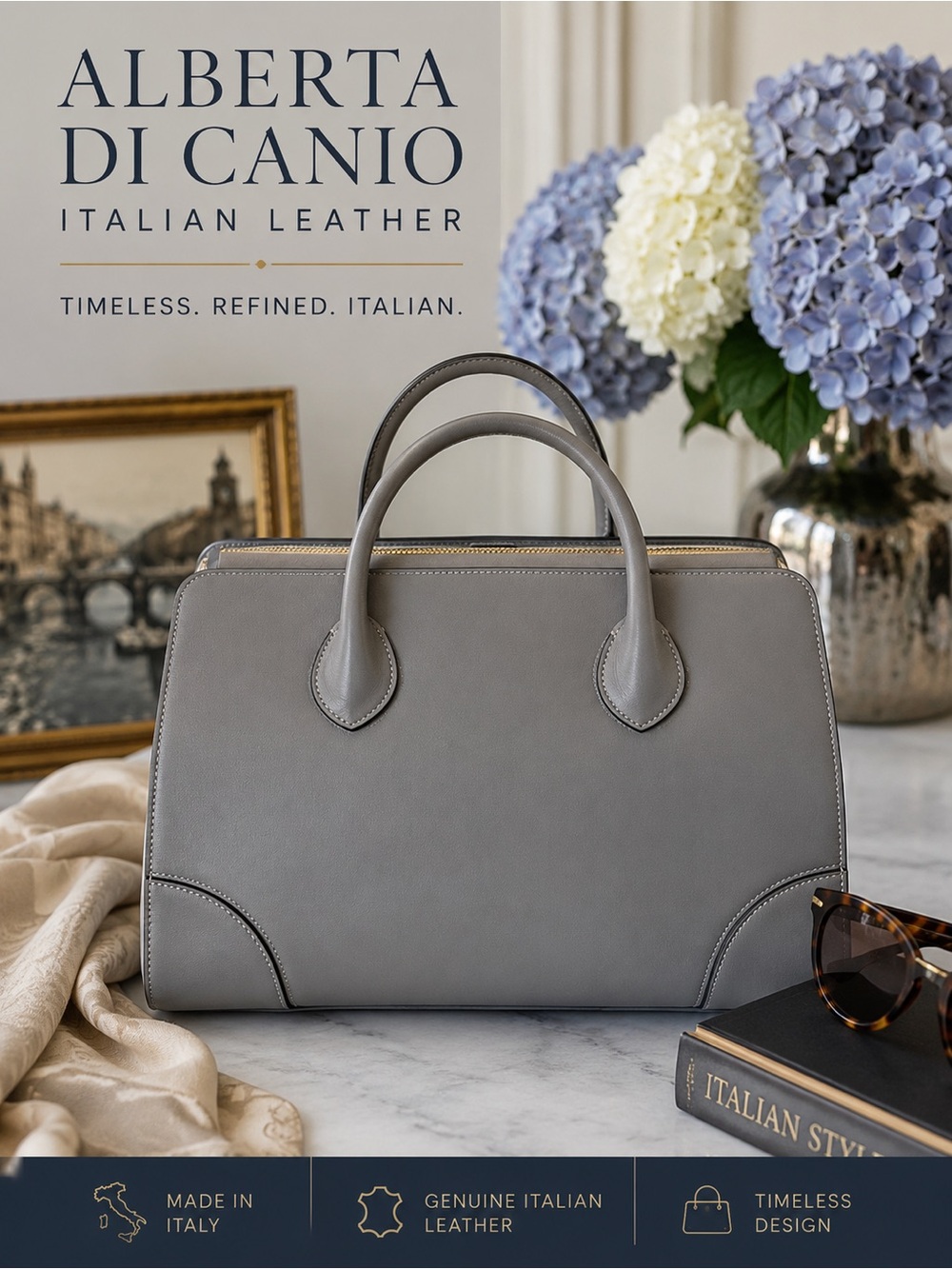 Alberta Di Canio Made in Italy Genuine Leather Grey Satchel Handbag Quiet Luxury